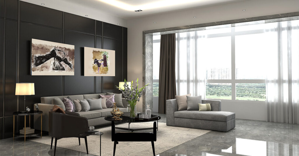 Modern glamorous living room with curtains, sofa, paintings and nice interior details