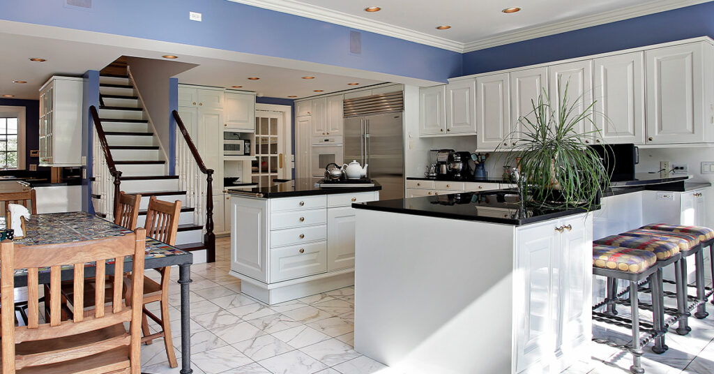 Large kitchen with two kitchen islands