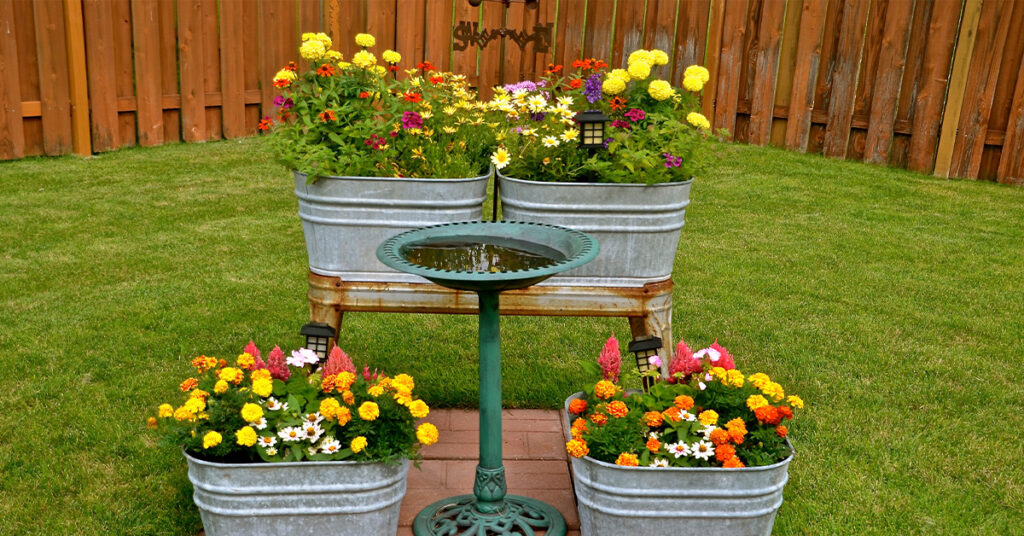 Galvanized tubs with flowers in garden