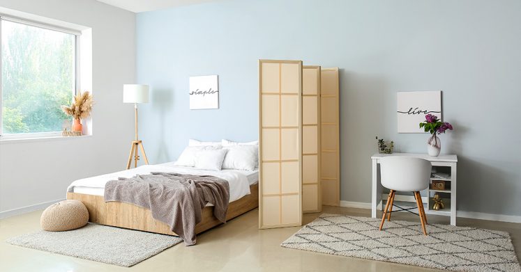 Folding room divider in bedroom and office